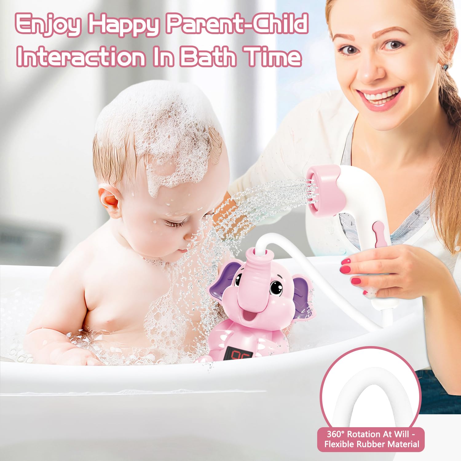 Baby Bath Toys Shower Head Elephant Design Bathtub Sprinkler with Digital LED Temperature Display,Baby Bath Essentials Birthday Gift for Newborn Infants Toddlers Babies 18+ Months - Gray