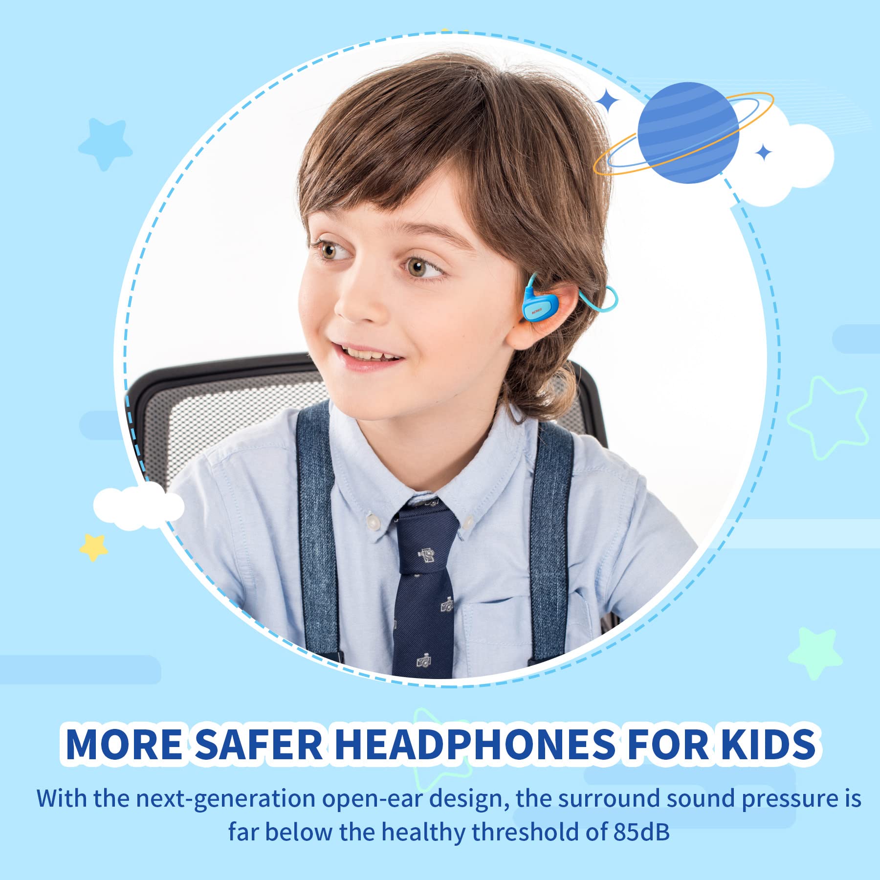 ACREO Kids Headphones, Open Ear Bluetooth Headphones with MIC, OpenBuds Kids, Ultra-Light, Portable and Safer for Children, Best Wireless Kids Headphones for iPad, Tablet or Computers (Navy Blue)