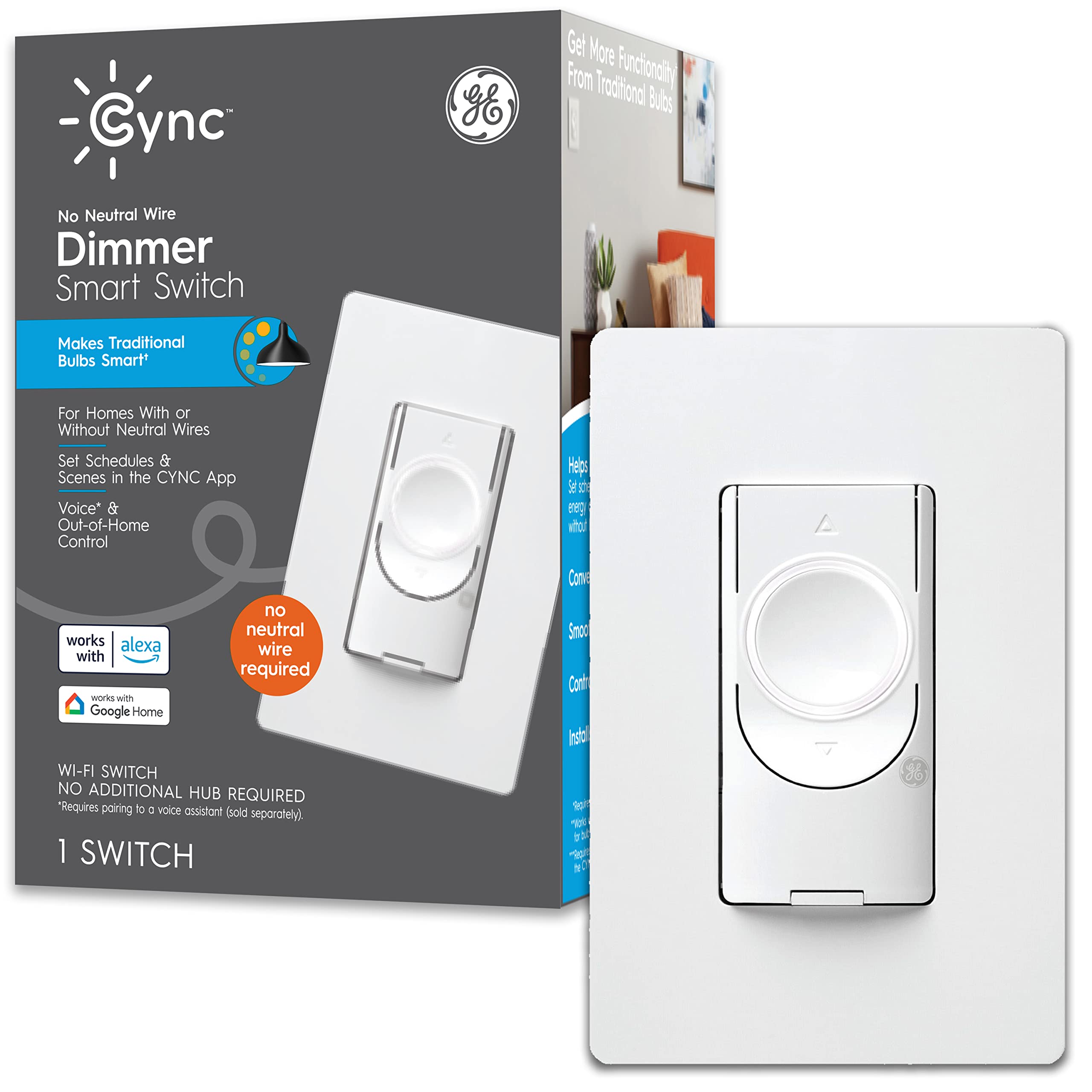 GE Lighting CYNC Smart Dimmer Light Switch, No Neutral Wire Required, Bluetooth and 2.4 GHz Wi-Fi 3-Wire Switch, Works with Alexa and Google Home, White
