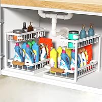2 Pack Under Sink Organizer,Metal Pull Out Kitchen Cabinet Organizer with Sliding Drawer,Sturdy Multi-functional for Bathroom Organization,White