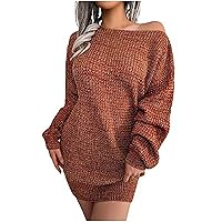 Fashion Off Shoulder Sweater Dress for Women Casual Lantern Long Sleeves Sexy Loose Knit Mini Dress Chunky Pullover