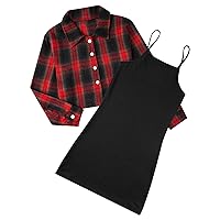 Girls 2 Piece Outfits Crop Jacket & Sleeveless Cami Bodycon Dress Plaid Shirt for Kids Teen Girls 7-12 Years