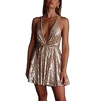 Sequin Dress for Women Mini Glitter Sequin Dress Sleeveless Spaghetti Strap Short Flowy Dress Cocktail Party Dress