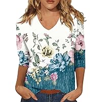 Womens Outfits, Plus Size Summer Tops High Neck Tops for Women Women's 3/4 Sleeve Shirt Ladies Fashion V-Neck Blouse Summer Tunic Print Trendy 2024 Tee Tshirt Women's 3/4 Sleeve (Cyan,Large)