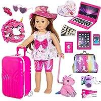 HOAKWA 18 Inch Doll Accessories Suitcase Travel Set, 18 Inch Girl Doll Clothes and Accessories, Doll Suitcase Include Case, Doll Outfits, Hat, Sunglasses, Camera, Unicorn Pillow, Toy Pet, etc
