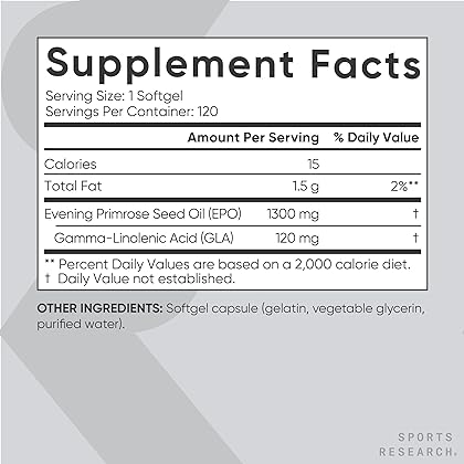 Sports Research Evening Primrose Supplement from Cold Pressed Oil - Softgels for Women’s Health & Skin Health - Gluten Free & Non-GMO GLA - High Potency 1300mg, 120 Count