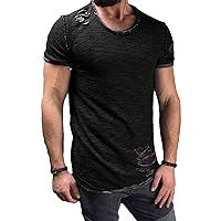 Men's Crew Neck Ripped T-Shirts Casual Muscle Workout Athletic Shirt Solid Color Short Sleeve Destroyed Holes Tee
