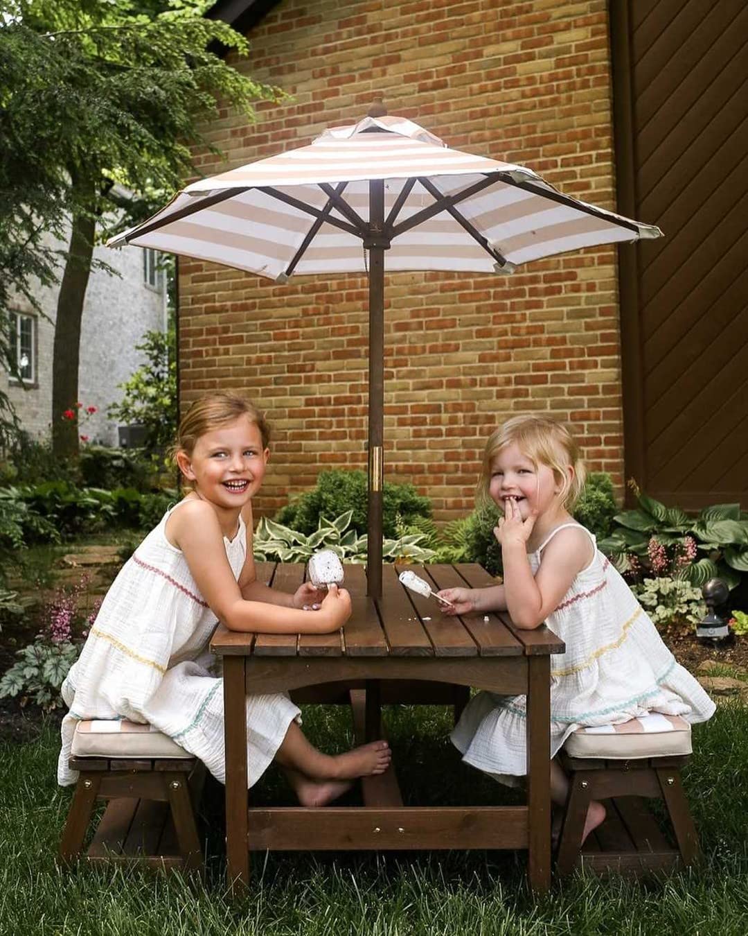 KidKraft Outdoor Wooden Table & Bench Set with Cushions and Umbrella, Kids Backyard Furniture, Espresso with Oatmeal and White Stripe Fabric, Gift for Ages 3-8, 42.25