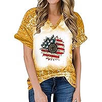 Women's American Flag Sunflower T-Shirt Bleached Sublimation Blank Shirts Summer Short Sleeve V Neck Blouse Tops