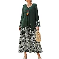 Flygo Womens Long Sleeve Maxi Dress Vintage Loose Embroidered Flowy Long Dresses