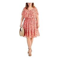 Women's Plus Size Sleeve Squre Neck Button Front Floral Print Short Chiffon Dress with Smocking