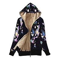 Women's Zip Up Fleece Lined Hoodies Butterfly Print Warm Sherpa Jacket Winter Aesthetic Casual Coats with Pockets