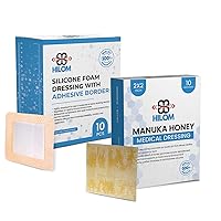 Medical Grade Manuka Honey Gauze Dressing (10 Pack - Non-Adherent) 2 in x 2 in with Silicone Foam Dressing with Adhesive Border (10 Pack - Waterproof Dressing) 4 in x 4 in | First Aid for Minor