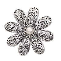 NOVICA Handmade Cultured Freshwater Pearl Brooch 925 .925 Sterling Silver Floral White Indonesia Birthstone 'Starlight Flower'