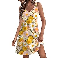 Ladies Summer Dresses Casual Floral Dress for Women 2024 Summer Vintage Casual Trendy Beach Slim Fit with Sleeveless V Neck Tank Dresses Saffron XX-Large