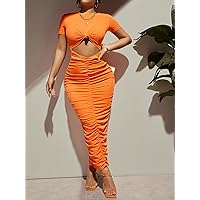Fall Dresses for Women 2023 Cut Out Knot Front Ruched Bodycon Dress Dresses for Women (Color : Orange, Size : Large)