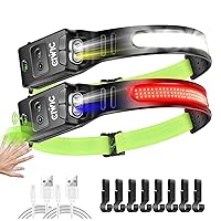 LED Rechargeable Headlamp,1200 Lumens,COB 230 ° Wide Beam,Reflective Adjustment Band, Motion Sensor Headlamp,6 Lighting Modes,Lightweight,Waterproof,Suitable for Camping,Outdoor,Work,Run,SOS,2 Pack