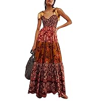 Women 2024 Summer Dresses Boho Floral Sleeveless Maxi Dress Casual Spaghetti Strap Tiered Flowy Beach Long Dress