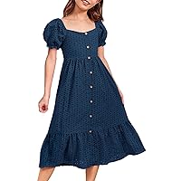 HOSIKA Girls Summer Square Neck Puff Sleeve Boho Ruffle Tiered A-line Casual Party Midi Dress for 6-12 Years