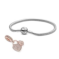 Pandora Jewelry Bundle with Gift Box - Moments Sterling Silver Bangle Charm Bracelet with Ball Clasp, 7.9