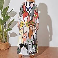 Cats Faces Women Plus Size Maxi Dress Long Sleeve Casual Printed