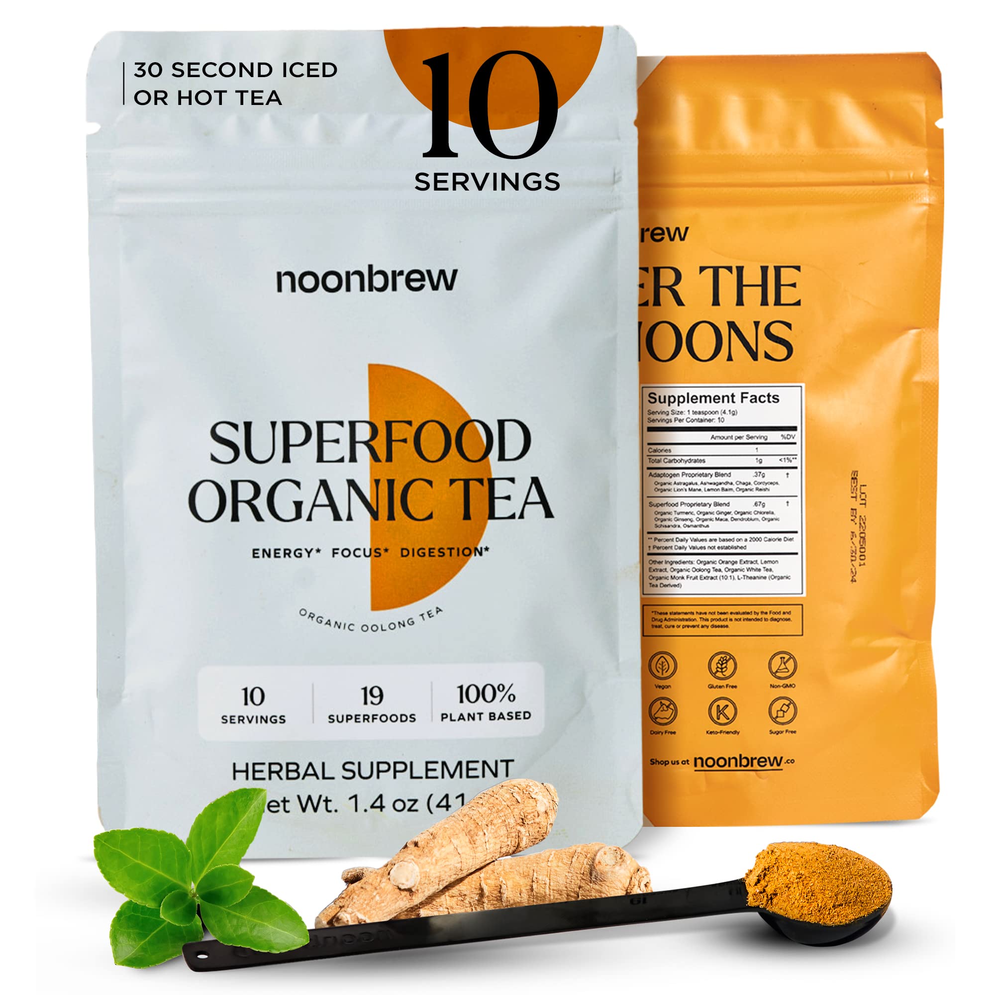 NoonBrew SuperFood Iced Tea - 19 SuperFoods and Adaptogens for All Day Focus, Energy, Digestion Support, Stress Relief, and No Jitters or Crash - Instant Coffee Substitute, Vegan, Keto Friendly, Gluten Free, Low Caffeine (10 Servings - #1 SuperFood Organi