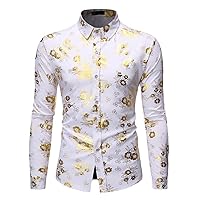Men's Golden Rose Design Dress Shirts Autumn Slim Button Down Flowered Printed Stylish Party Club Shirt