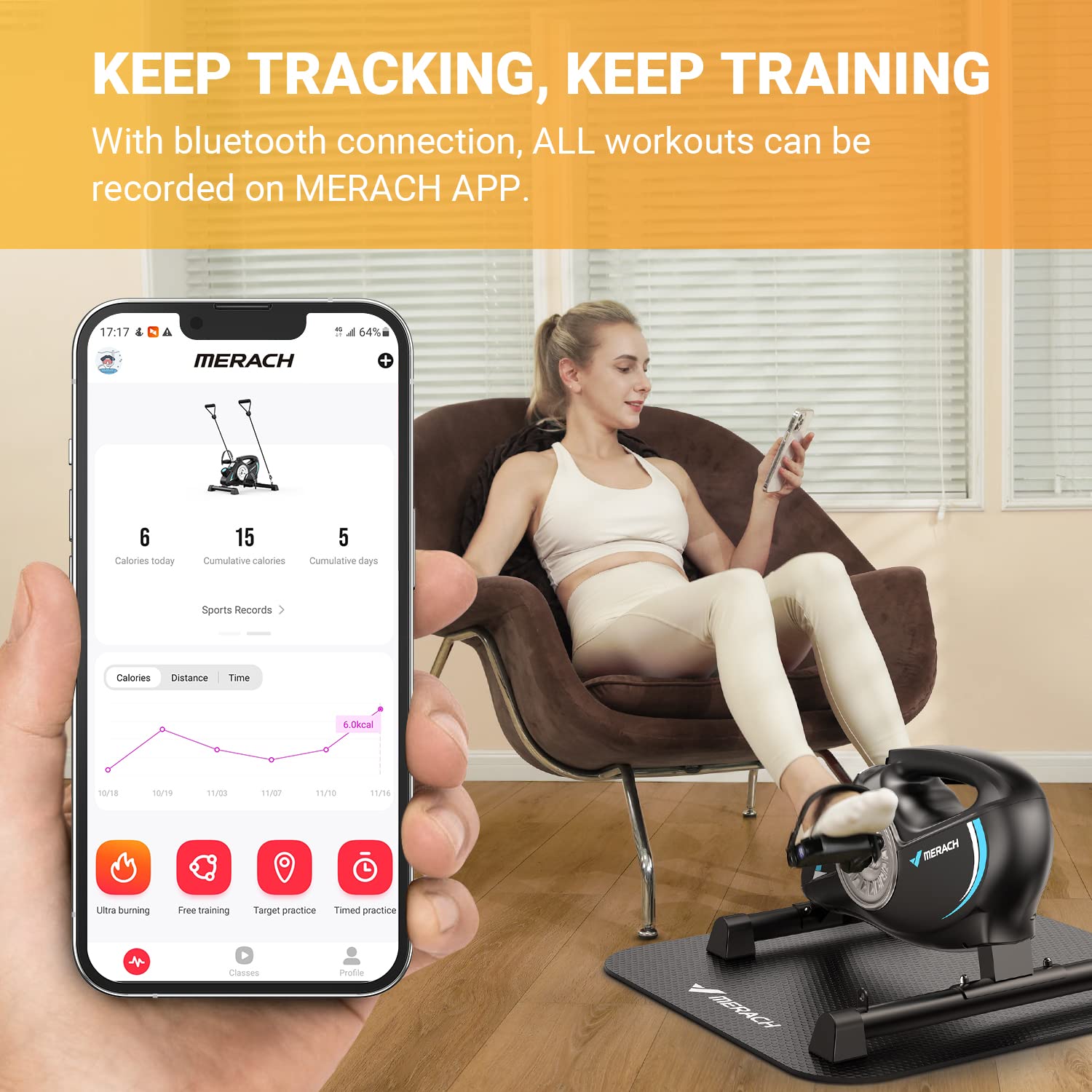Under Desk Bike Pedal Exerciser, Quiet Magnetic Mini Exercise Bike with MERACH App for Arm, Leg Recovery, Physical Therapy, Smooth Foot Desk Cycle with 2 Resistance Bands & Non-Slip Mat