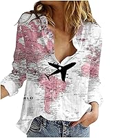 Women's World Map Print Shirts Button Down Blouse Long Roll Up Sleeve V-Neck Casual Tops Loose Comfy Work Blouse