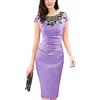 Women's Floral Lace Patch Round Neck Ruched Bodycon Pencil Dress