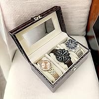 Leather Watch Box Organizer with 3 Slots in Brown and Clear Leather