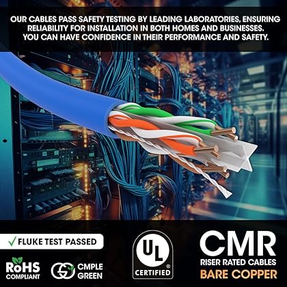 Cmple - Cat 6 Cable 1000ft, 23 AWG Bare Copper Wire CMR Riser Cat6 Ethernet Cable, (UTP) Unshielded Twisted Pair, Gigabit Ethernet Cord, 550Mhz, PoE++, Reelex Box - Blue