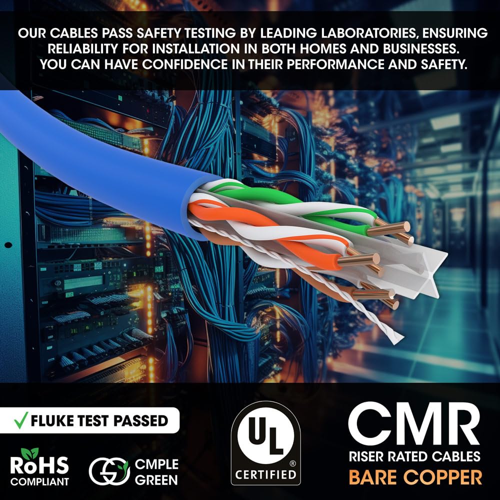 Cmple - Cat 6 Cable 1000ft, 23 AWG Bare Copper Wire CMR Riser Cat6 Ethernet Cable, (UTP) Unshielded Twisted Pair, Gigabit Ethernet Cord, 550Mhz, PoE++, Reelex Box - Blue