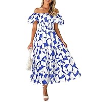 Pretty Garden Womens 2024 Summer Boho Midi Dress Off Shoulder Puff Sleeve Print Smocked Ruffle Beach Long Flowy Dresses