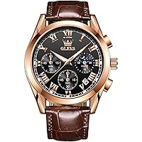 OLEVS Watch for Men Chronograph Brown Leather Gold Case Analogue Quartz Fashion Business Dress Large Face Men Watch Day Date Luminous Waterproof Casual Male Wrist Watch Black/Blue/White Dial