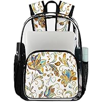 Paisley Flower White Clear Backpack Heavy Duty Transparent Bookbag for Women Men See Through PVC Backpack for Security, Work, Sports, Stadium