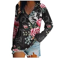 Womens Tops 2023 Fall Fashion Floral Printed Casual Tops Sexy V Neck Long Sleeve Tunic Blouses Basic Loose Shirts
