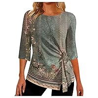 3/4 Sleeve Tie Waist Tops for Women Dressy Casual Retro Ethnic Floral Print Summer Shirts Elegant Going Out Blouses