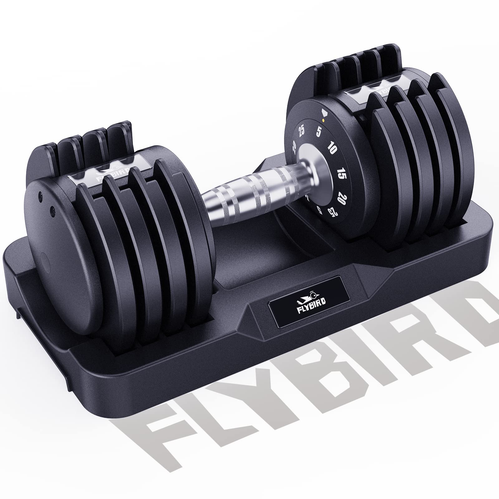 FLYBIRD Adjustable Dumbbell,25/50/55lb Dumbbell for Men and Women with Anti-Slip Metal Handle,Fast Adjust Weight by Turning Handle,Black Dumbbell with Tray Suitable for Full Body Workout Fitness