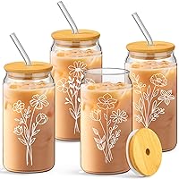 4 Set Floral Iced Coffee Glass Cups 16 oz Can Shaped Drinking Cups with Bamboo Lids and Straws Aesthetic Flower Glass Cup for Women Gifts (Classic Style)