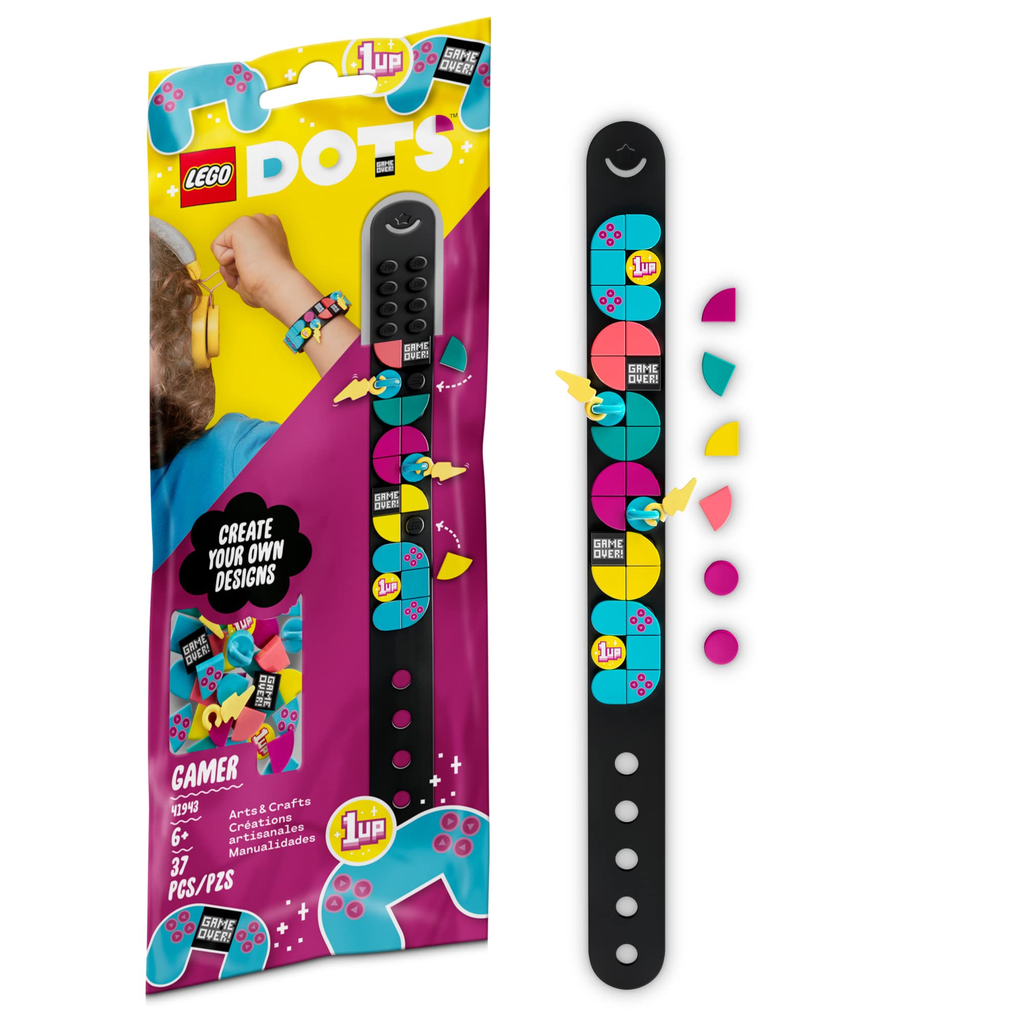 LEGO DOTS Gamer Bracelet with Charms 41943 DIY Craft Bracelet Kit; A Creative Gift for Arcade Game Fans Aged 6+ (37 Pieces)