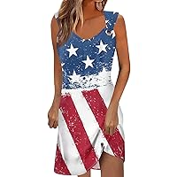 Women Independence Day Midi Dress Summer Casual V Neck Sleeveless Dresses for Women 2024 Printed Flag Dress