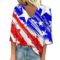 American Flag Summer Tops for Women 2024-4th of July T-Shirts Star Stripes USA 3/4 Sleeve V-Neck Patriotic Tee Tops