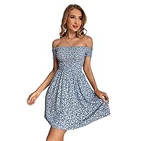 Summer Dresses for Women 2023 Ditsy Floral Off Shoulder Shirred A-Line Mini Dress (Color : Baby Blue, Size : Small)