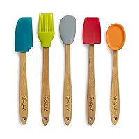 Goodful Silicone and Beechwood Mini Kitchen Utensil Set, Great for Cooking, Baking or Reaching Into Small Jars, Easy to Clean, Safe for Non-Stick Cookware, 3 Spatulas, Spoon, Basting Brush, Multicolor