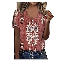 Oversized Tshirts for Women,Summer Tops for Women 2024 V Neck Button Down Cold Shoulder Blouse Fashion Summer Short Sleeve Printing Shirts Women Shirts Short Sleeve
