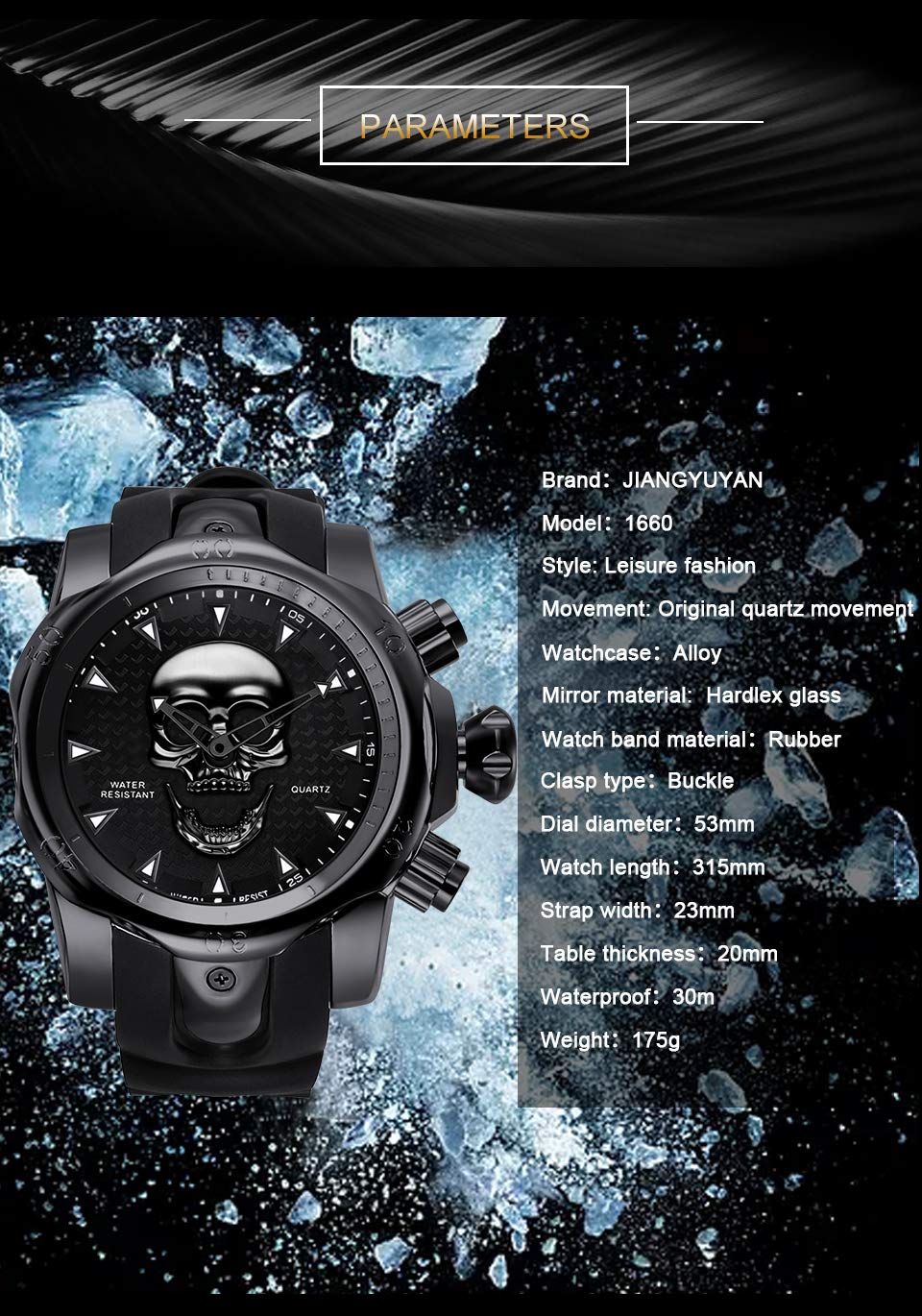 All Black Mens Watch Stainless Steel Analog Wristwatches Skull 3D Ghost Large Cool Dial Designer Watches