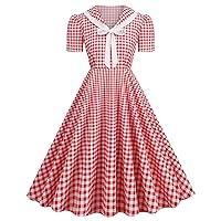Women's 1950s Retro Vintage Short Sleeve Cocktail Party Swing Dress Tie Neck Plaid A-Line Flowy Audrey Hepburn Dress
