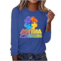 Women Autism Awareness Letter Tee Tops Funny Love Heart Puzzle Graphic Shirts Long Sleeve Crewneck Pullover Blouses