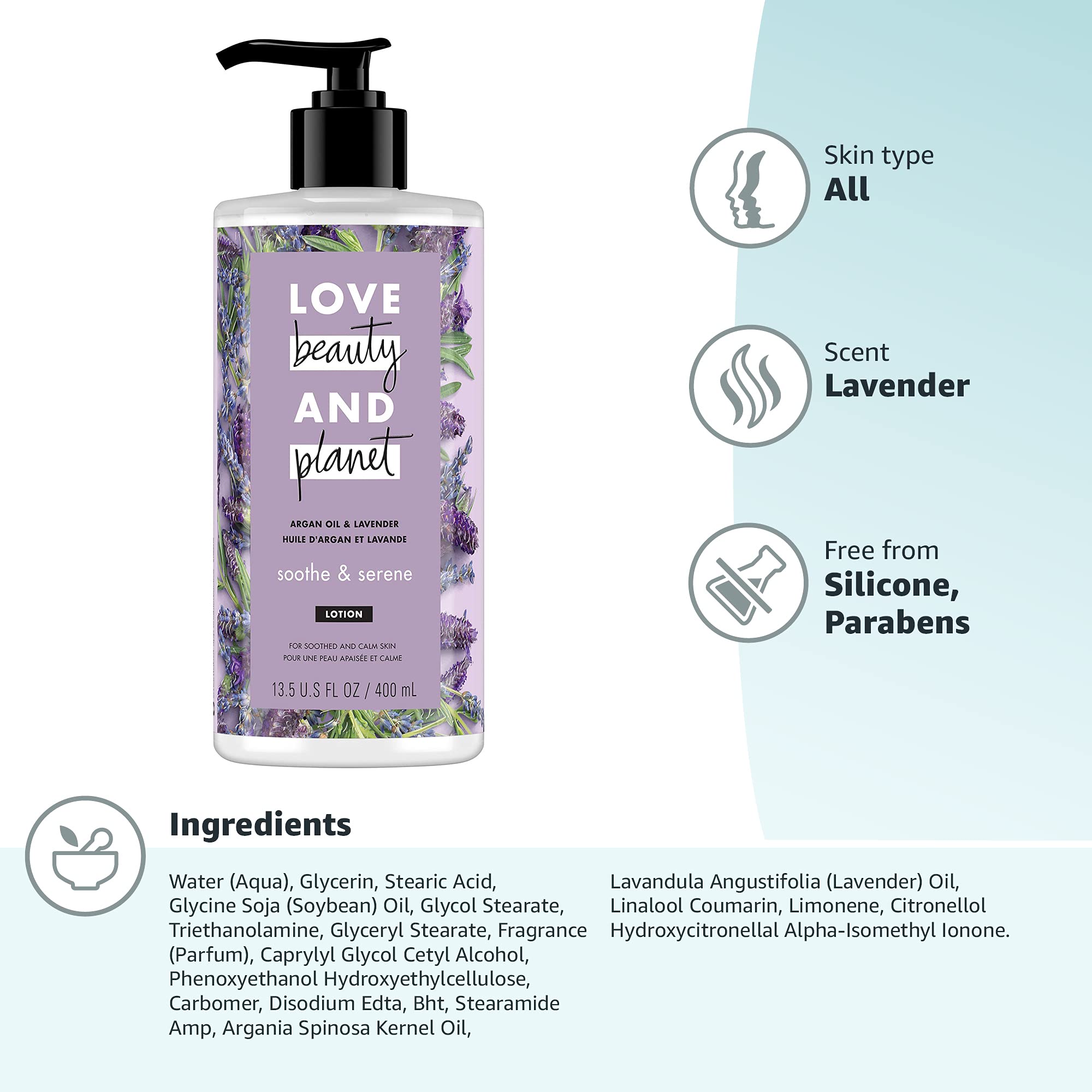 Love Beauty and Planet Soothe & Serene Body Lotion for Soothed Skin Argan Oil & Lavender Natural Ingredients, Plant-Based Moisturizers, Vegan, Cruelty-Free 13.5 oz